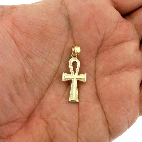Real 10K Yellow Gold Diamond Cut Egyptian Ankh Cross Pendant - Picture 2 of 6